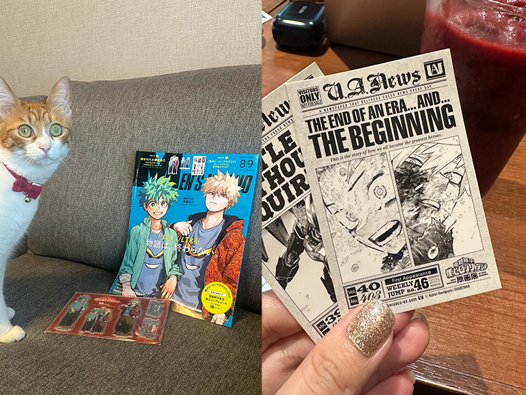 2枚の写真のコラージュ。1枚目はソファの上に社員の推しである漫画「僕のヒーローアカデミア」が表紙の雑誌とアクリルスタンドが置いてある写真。2枚目は「僕のヒーローアカデミア展」のチケット2枚を持っている写真。